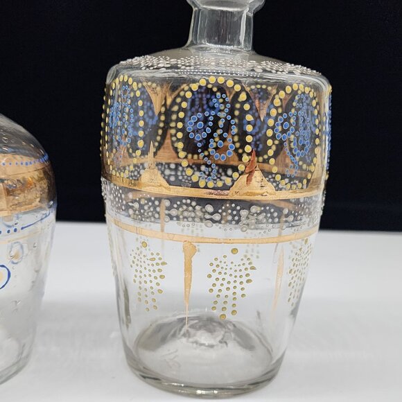 Bohemian Blown Glass Decanters Hand Painted Blue Enamel Gold Paint 7.5" - Picture 4 of 13